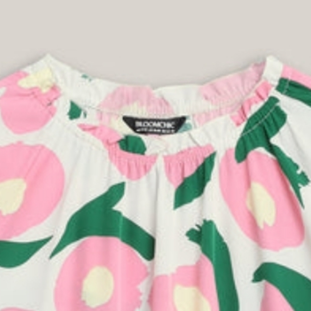 Bloom Chic Ruffled Neck Puffy Sleeve Blouse-Floral White, Pink and Green Pattern - Picture 2 of 6